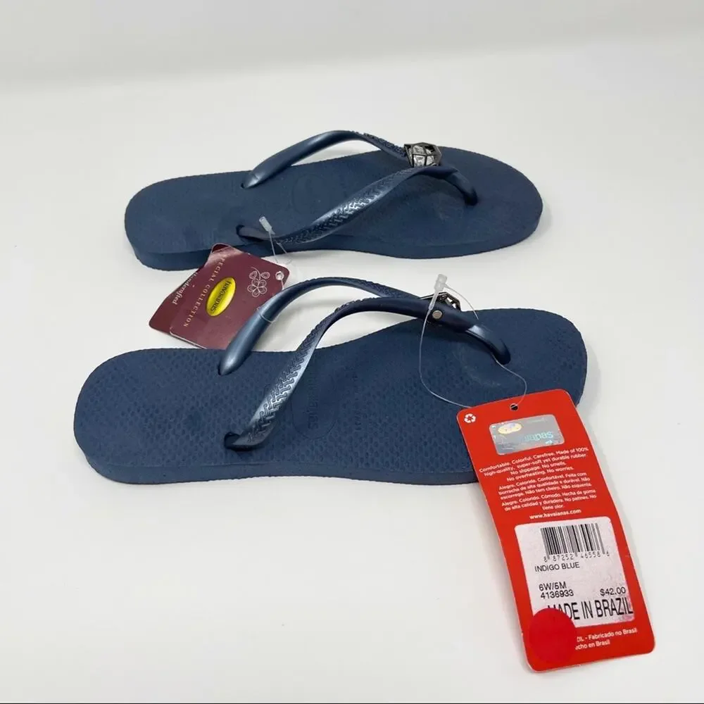 New Havaianas Womens Size 6 Blue Indigo Slim Epic Embellished Flip Flop - Picture 3 of 10